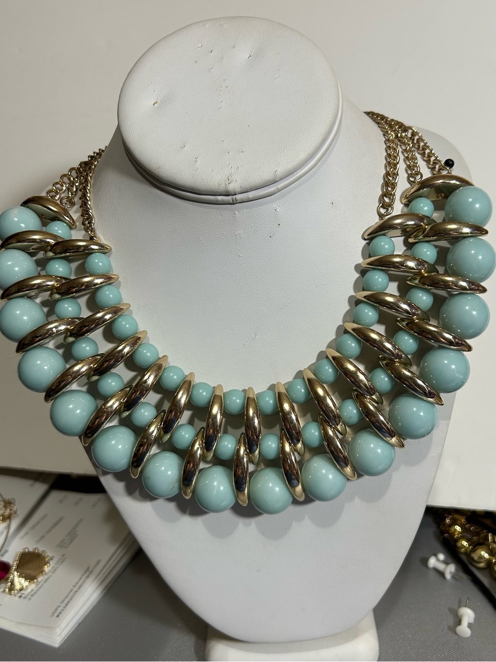 Gold & Aqua Statement Bib Necklace - Women Jewelry